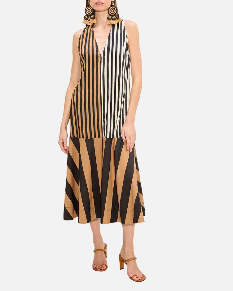 CELESTE POPLIN DRESS - BLACK/TAN STRIPE