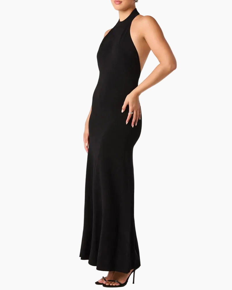 LACY HALTER MAXI DRESS - BLACK