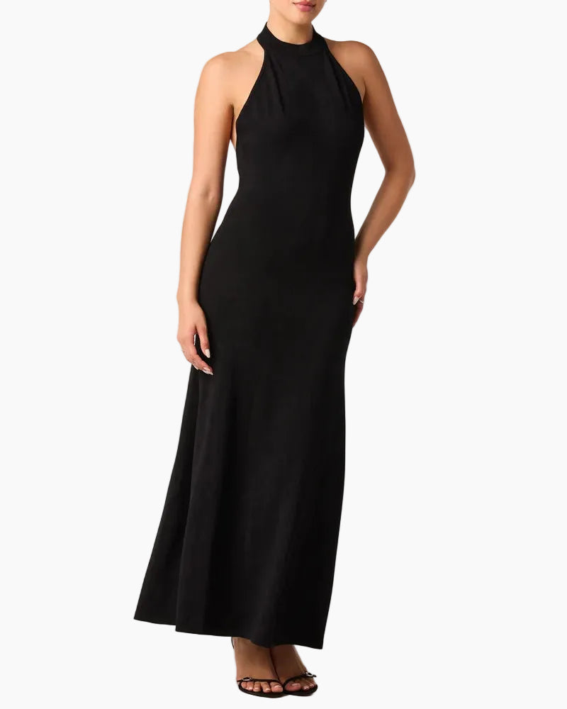 LACY HALTER MAXI DRESS - BLACK