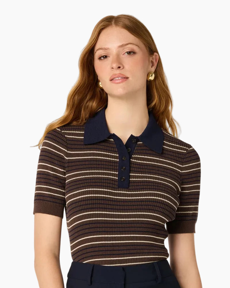 IRIS STRIPED POLO SWEATER - BROWN NAVY STRIPE
