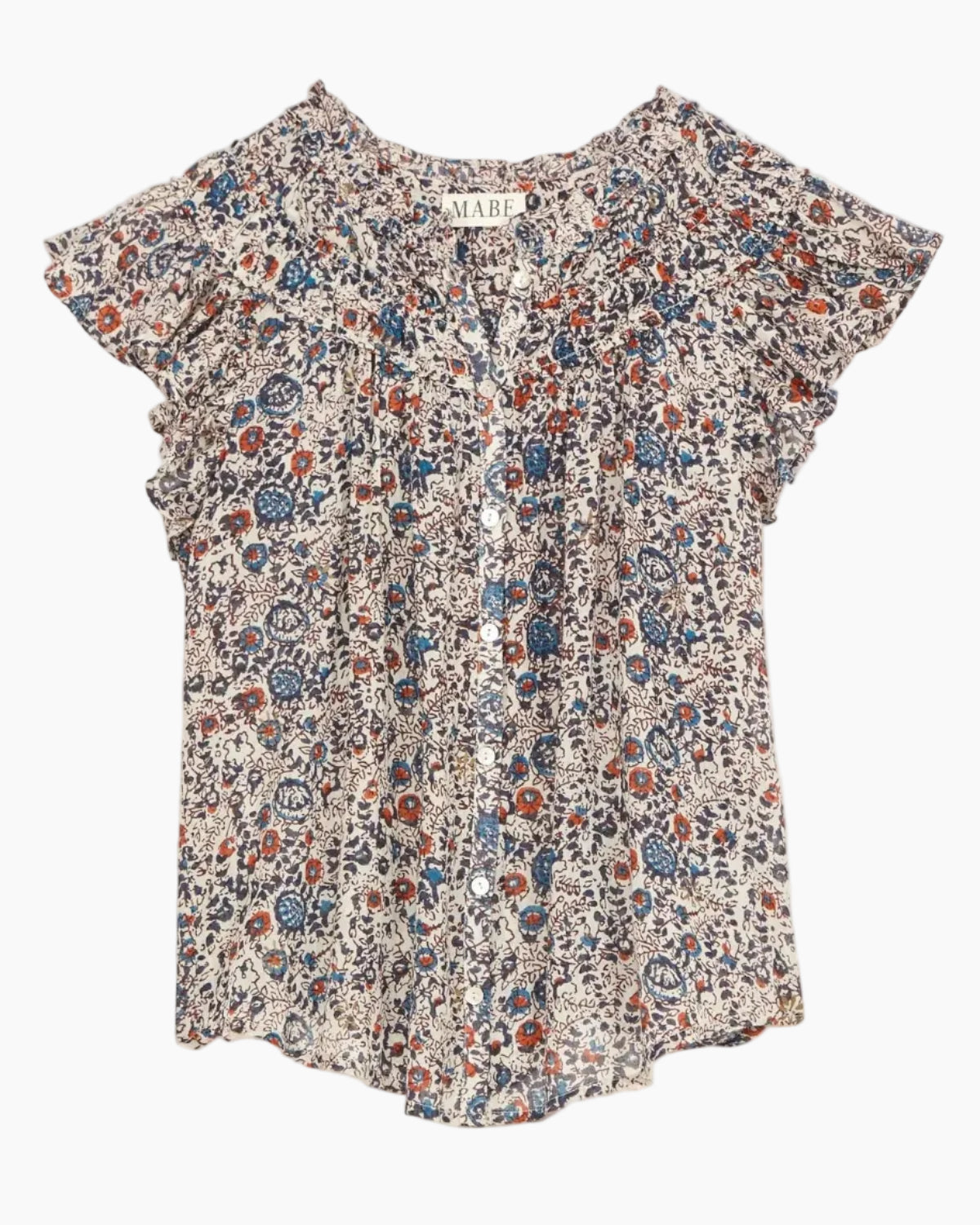 CASS PRINT FRILL TOP - INDIGO/RUST