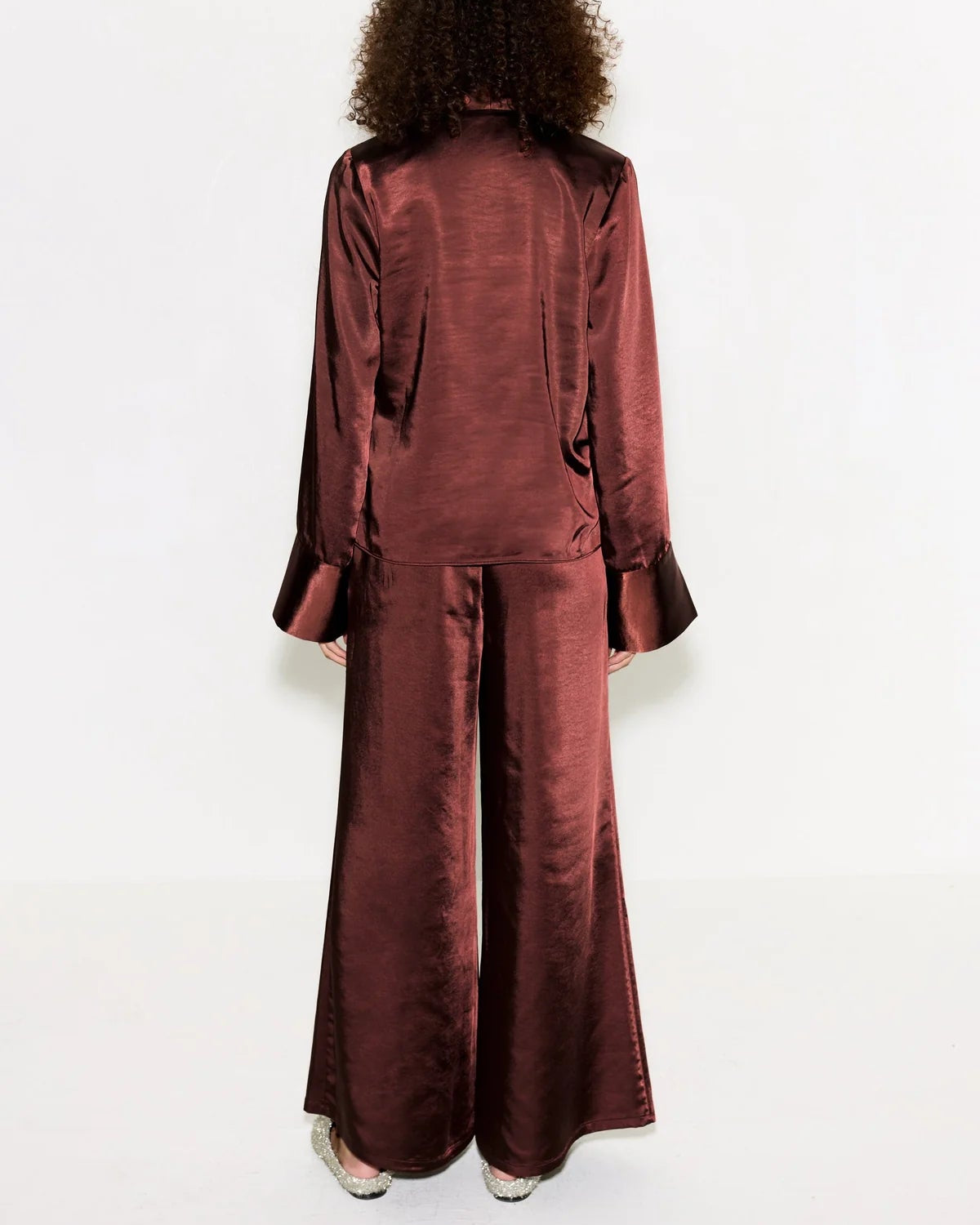 NELLA SATIN WIDE LEG PANT - CHOCO BROWN