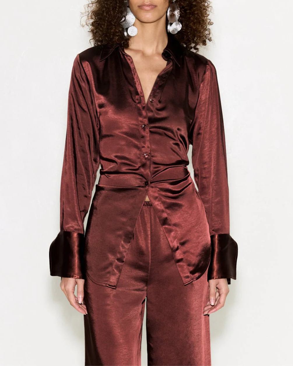 LOCH SATIN BUTTON UP - CHOCO BROWN