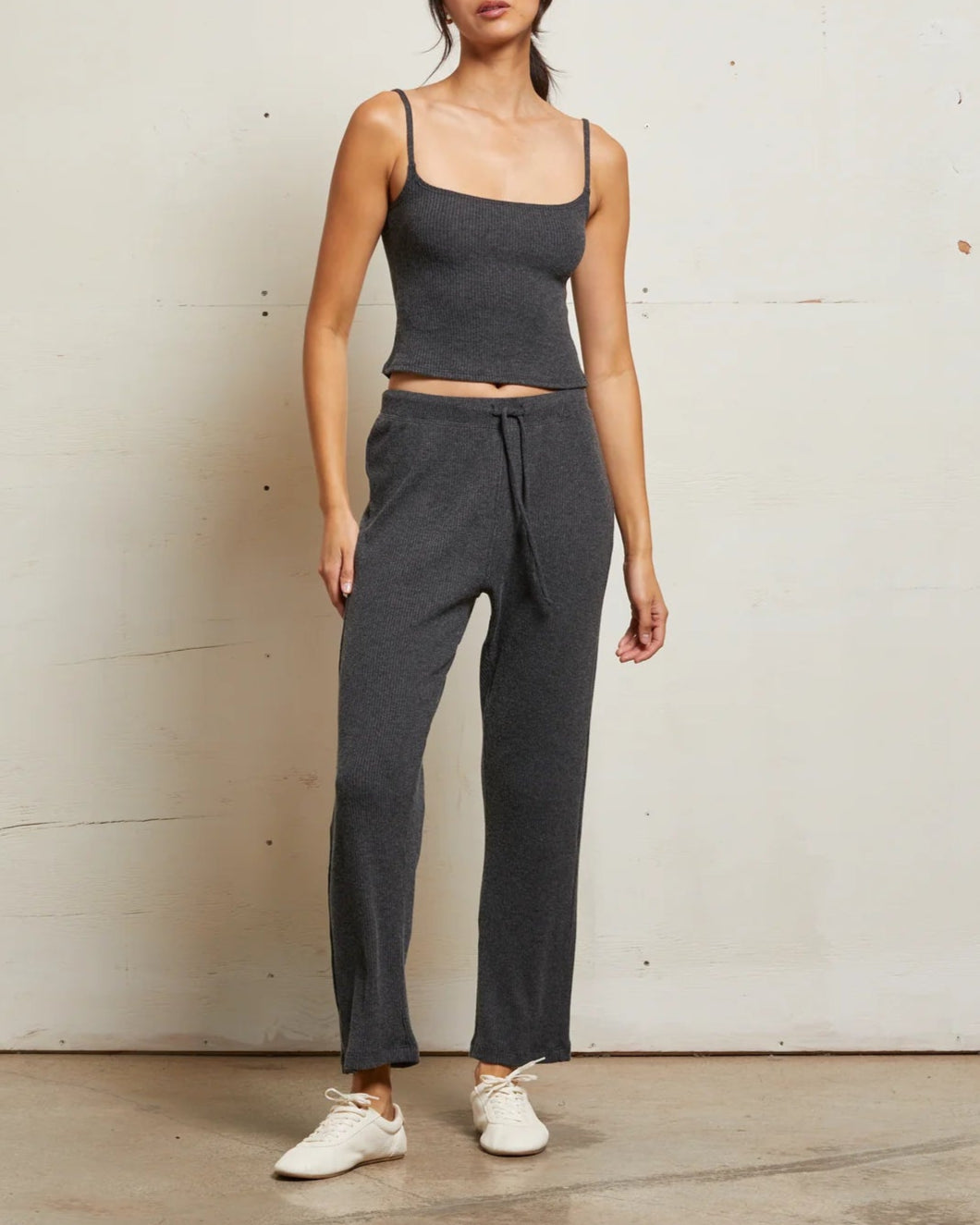 REMI SWEATER RIB DRAWSTRING PANTS - CHARCOAL