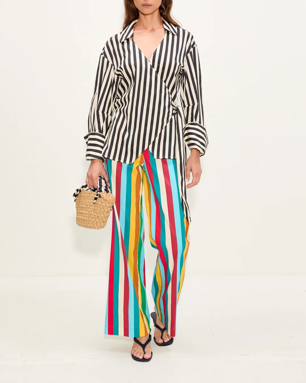 ANYA POPLIN WRAP TOP - BLACK/WHITE STRIPE