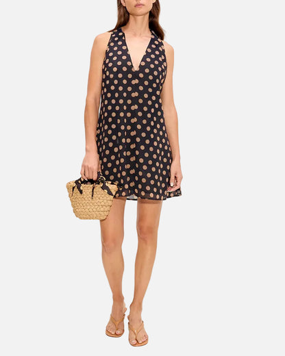 GIA CHIFFON MINI DRESS - BLACK/TAN POLKA DOT