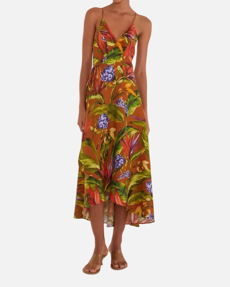 FLORART MIDI WRAP DRESS - BROWN