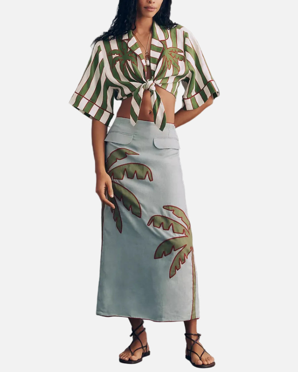 EMBROIDERED PALM TREE MAXI SKIRT - BLUE