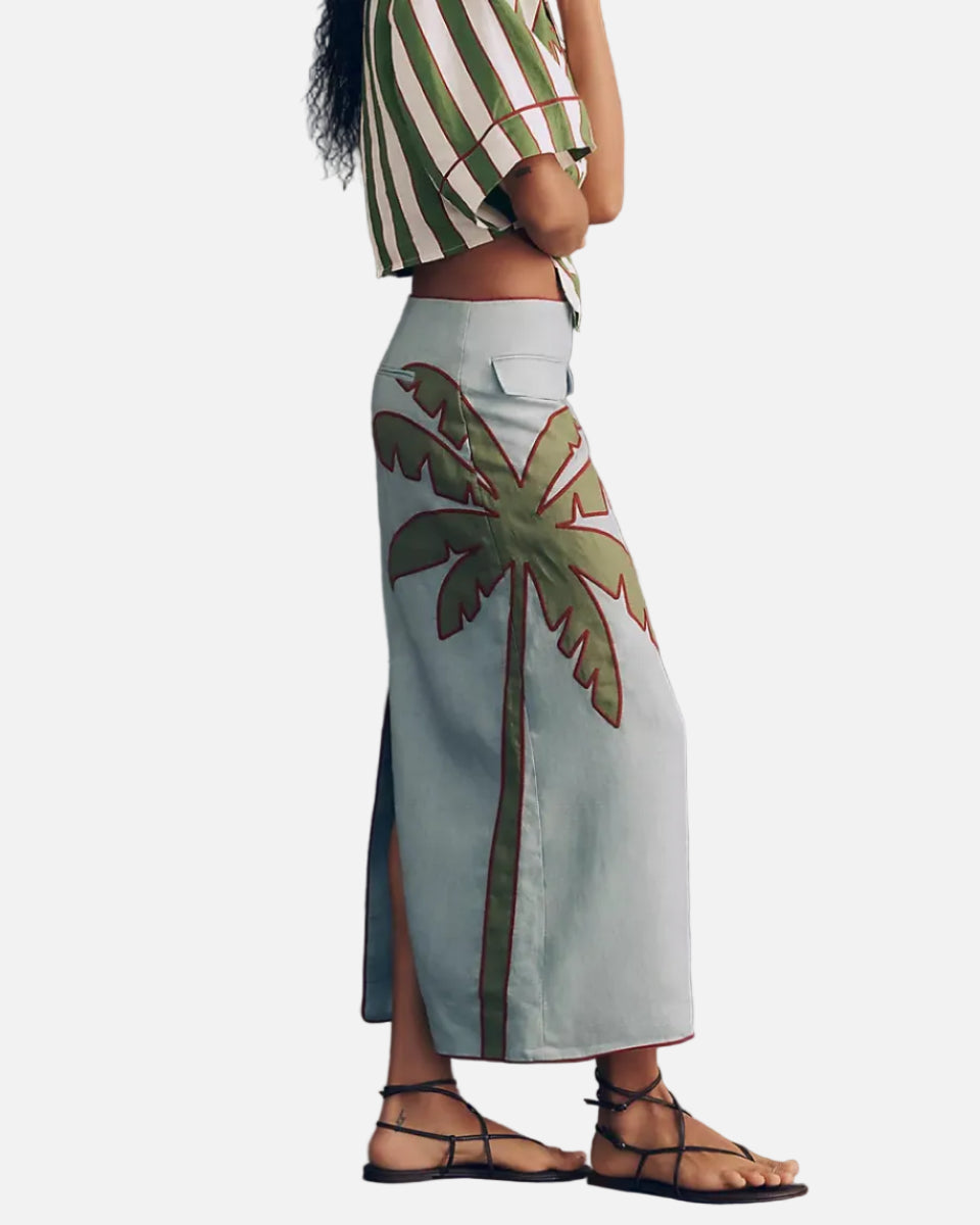 EMBROIDERED PALM TREE MAXI SKIRT - BLUE