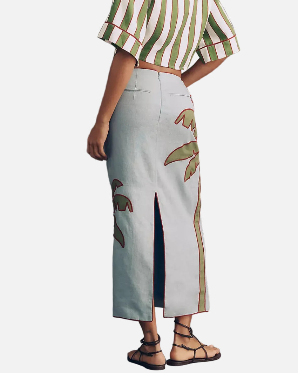 EMBROIDERED PALM TREE MAXI SKIRT - BLUE