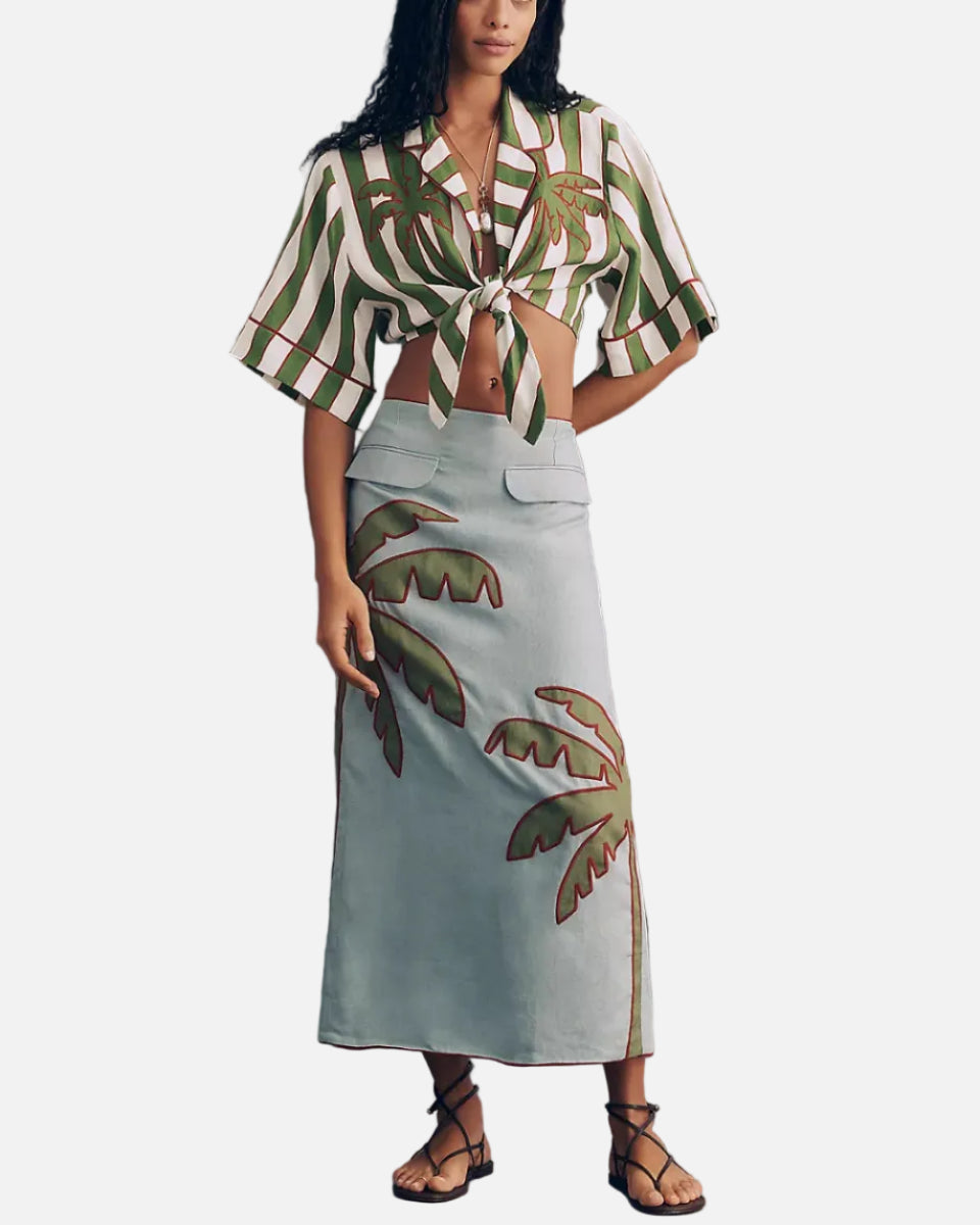 SHORT SLEEVE CROP TOP - GREEN SPRING STRIPES
