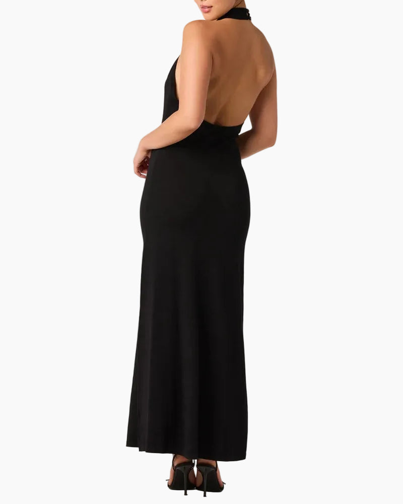 LACY HALTER MAXI DRESS - BLACK