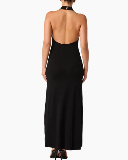 LACY HALTER MAXI DRESS - BLACK