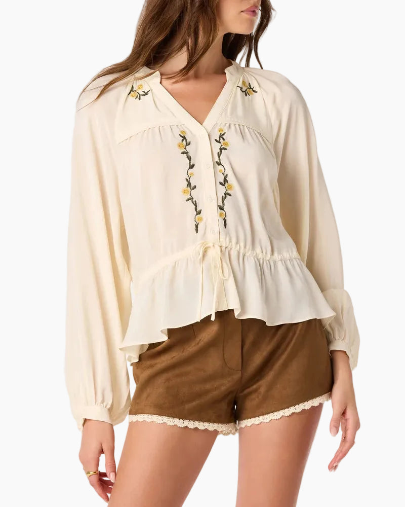JESSALYN EMBROIDERED PEPLUM BLOUSE - CREAM