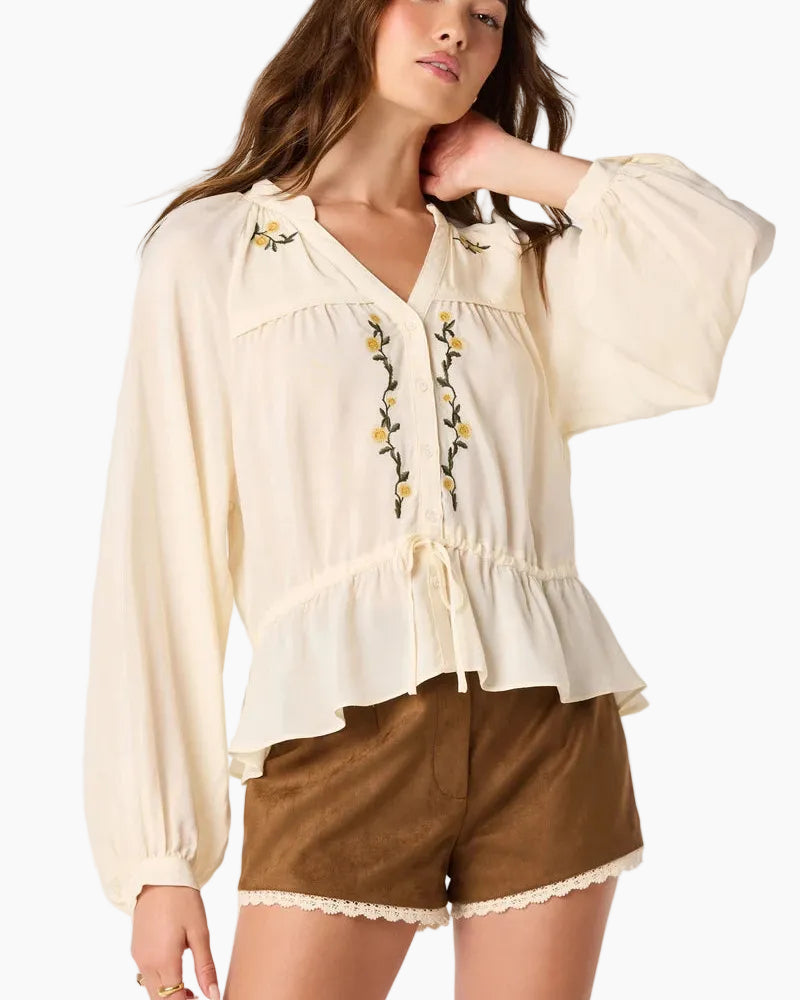 JESSALYN EMBROIDERED PEPLUM BLOUSE - CREAM