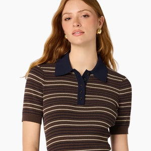 IRIS STRIPED POLO SWEATER - BROWN NAVY STRIPE