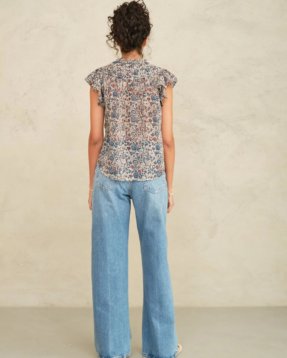 CASS PRINT FRILL TOP - INDIGO/RUST