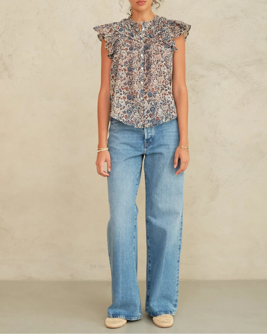 CASS PRINT FRILL TOP - INDIGO/RUST