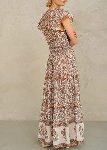 DELLA PRINT MAXI DRESS - RUST/KHAKI