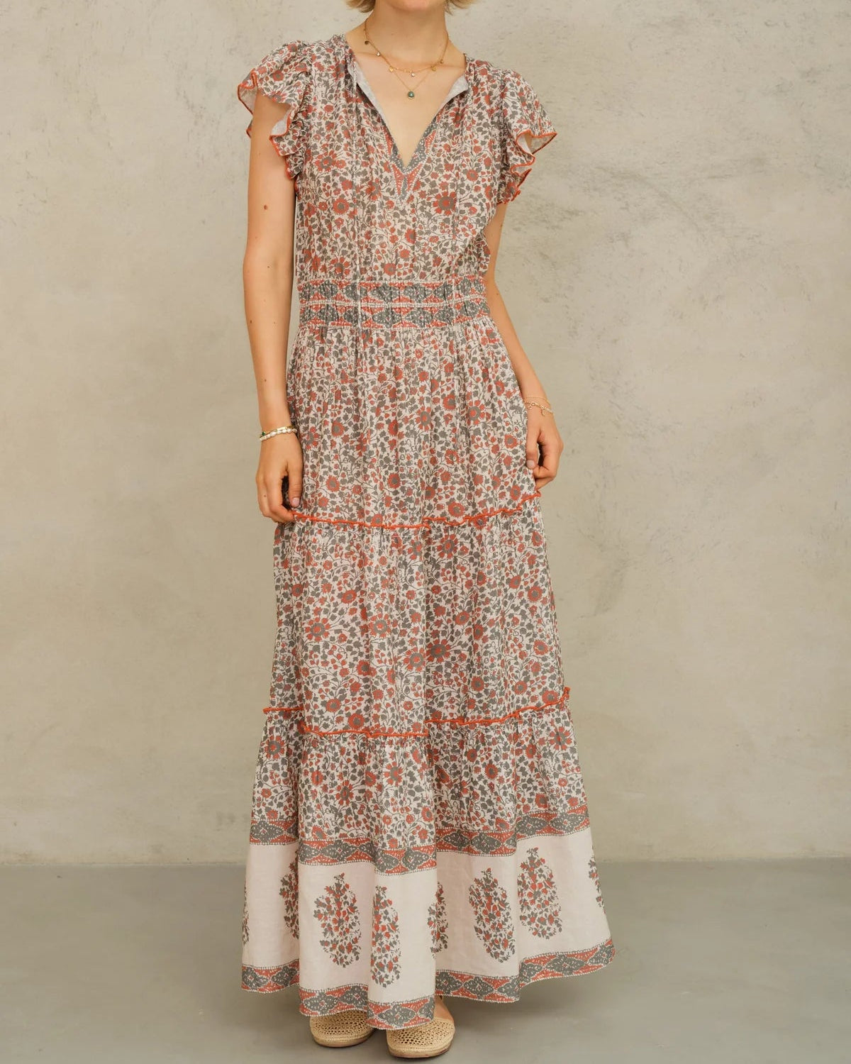 DELLA PRINT MAXI DRESS - RUST/KHAKI