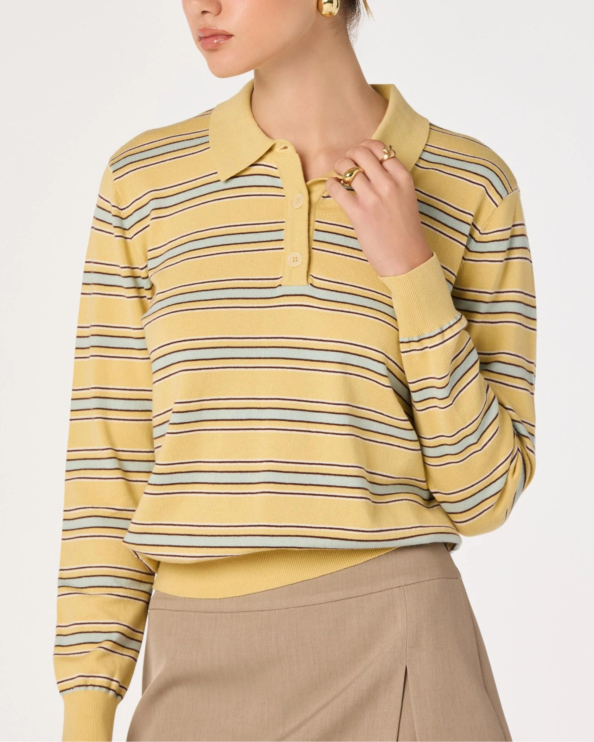 DORA STRIPED POLO SWEATER - YELLOW STRIPE