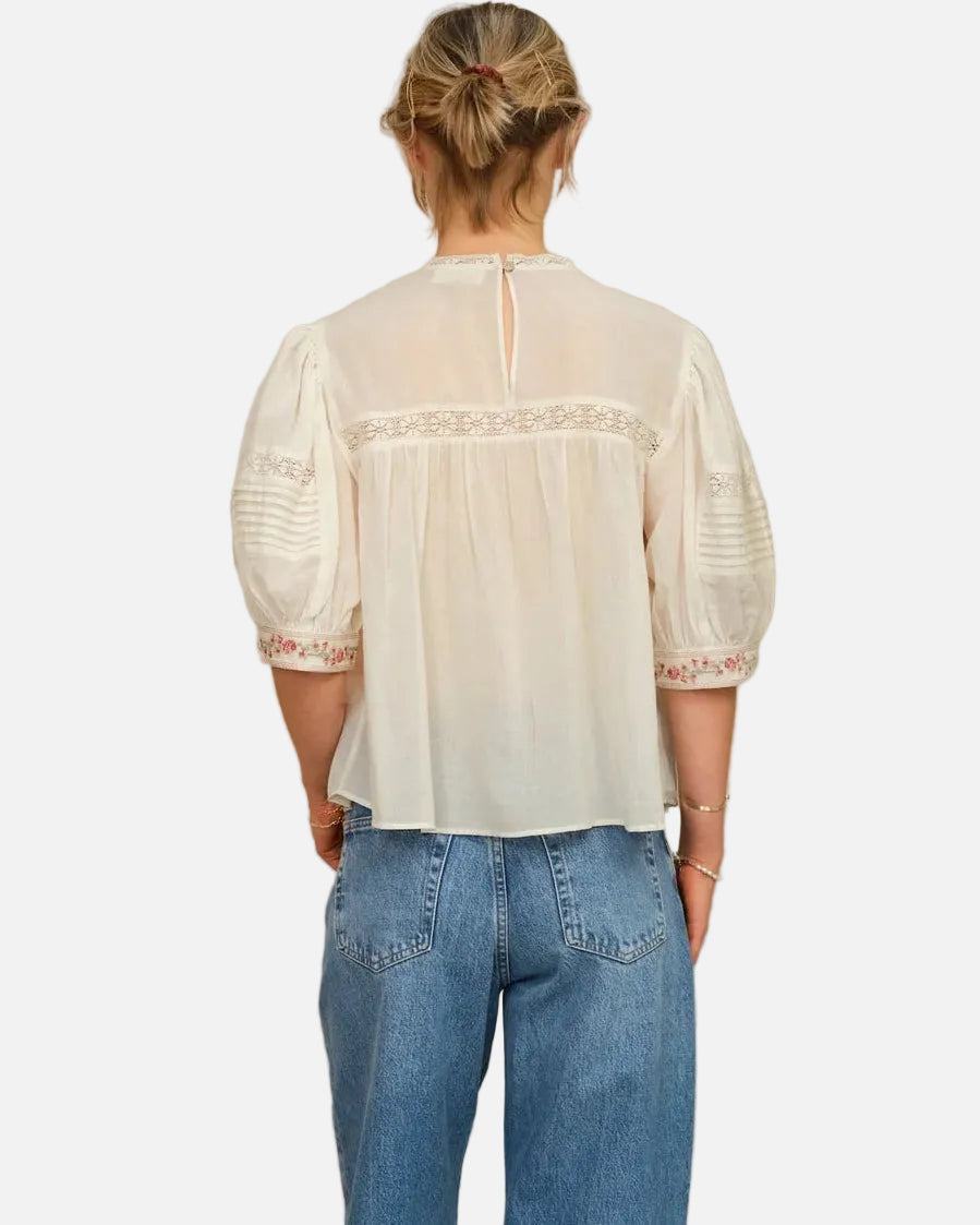 FLEUR EMB S/S TOP - ECRU/MULTI