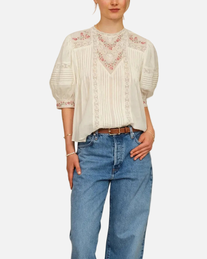 FLEUR EMB S/S TOP - ECRU/MULTI