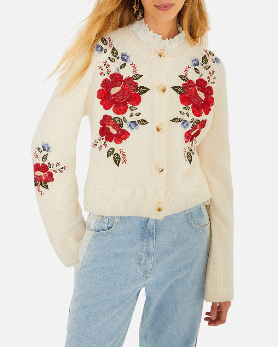 EMBROIDERED KNIT CARDIGAN - CREAM W/FLOWERS