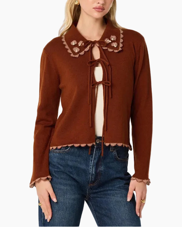 KEANA BEADED SCALLOP-TRIM CARDIGAN - RUST