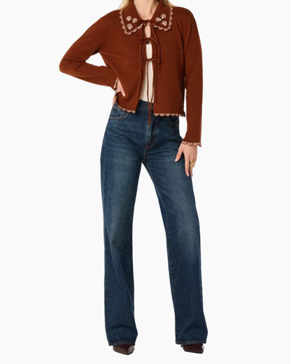 KEANA BEADED SCALLOP-TRIM CARDIGAN - RUST