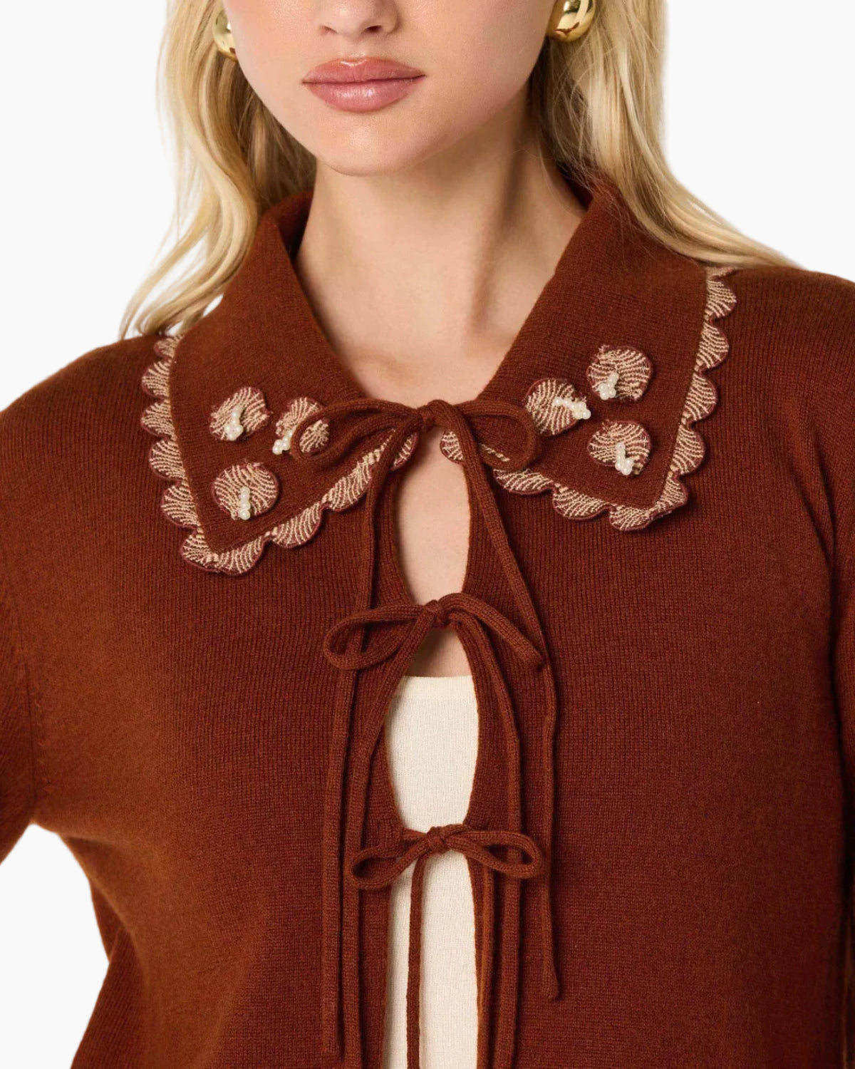 KEANA BEADED SCALLOP-TRIM CARDIGAN - RUST