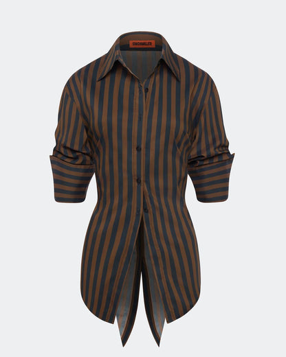 LOCH POPLIN BUTTON UP - BLACK/CHOCO BROWN STRIPE
