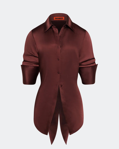 LOCH SATIN BUTTON UP - CHOCO BROWN