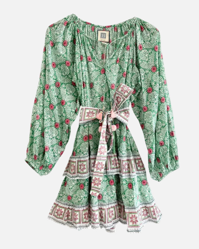 GWENYTH MINI DRESS W/ BELT - GREEN/PINK FLORAL