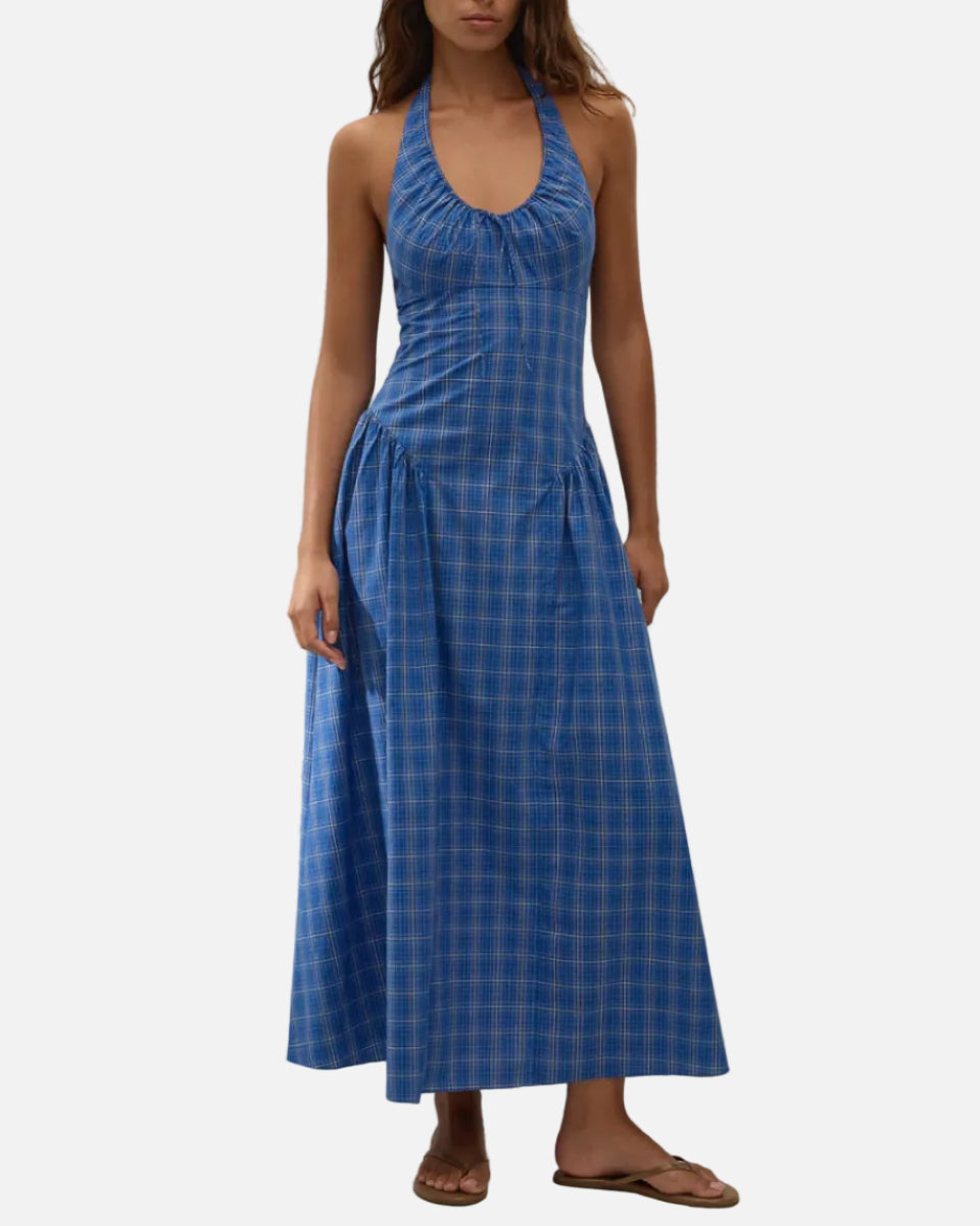 DEL ROS MIDI DRESS - FLOR CHECK COBALT