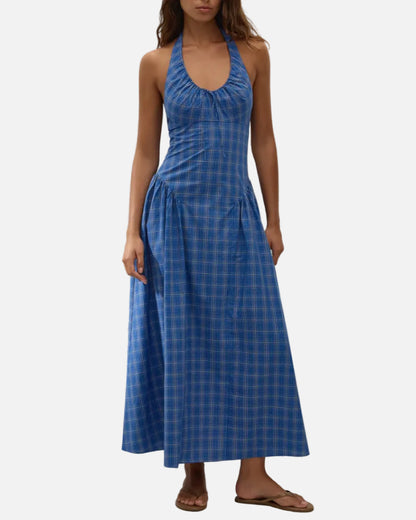 DEL ROS MIDI DRESS - FLOR CHECK COBALT