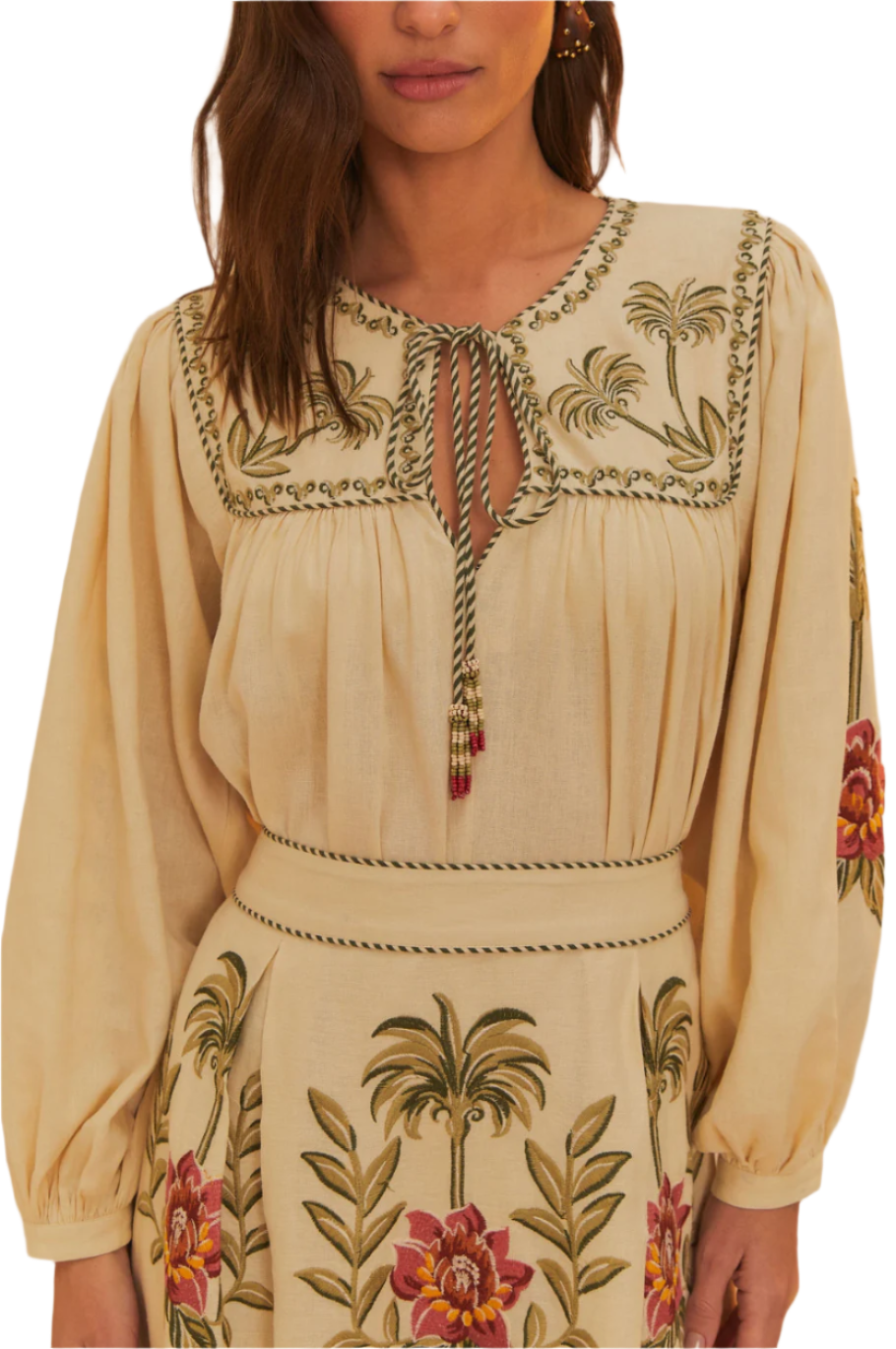 FLOWER EMBROIDERED BLOUSE - SAND TROPICAL