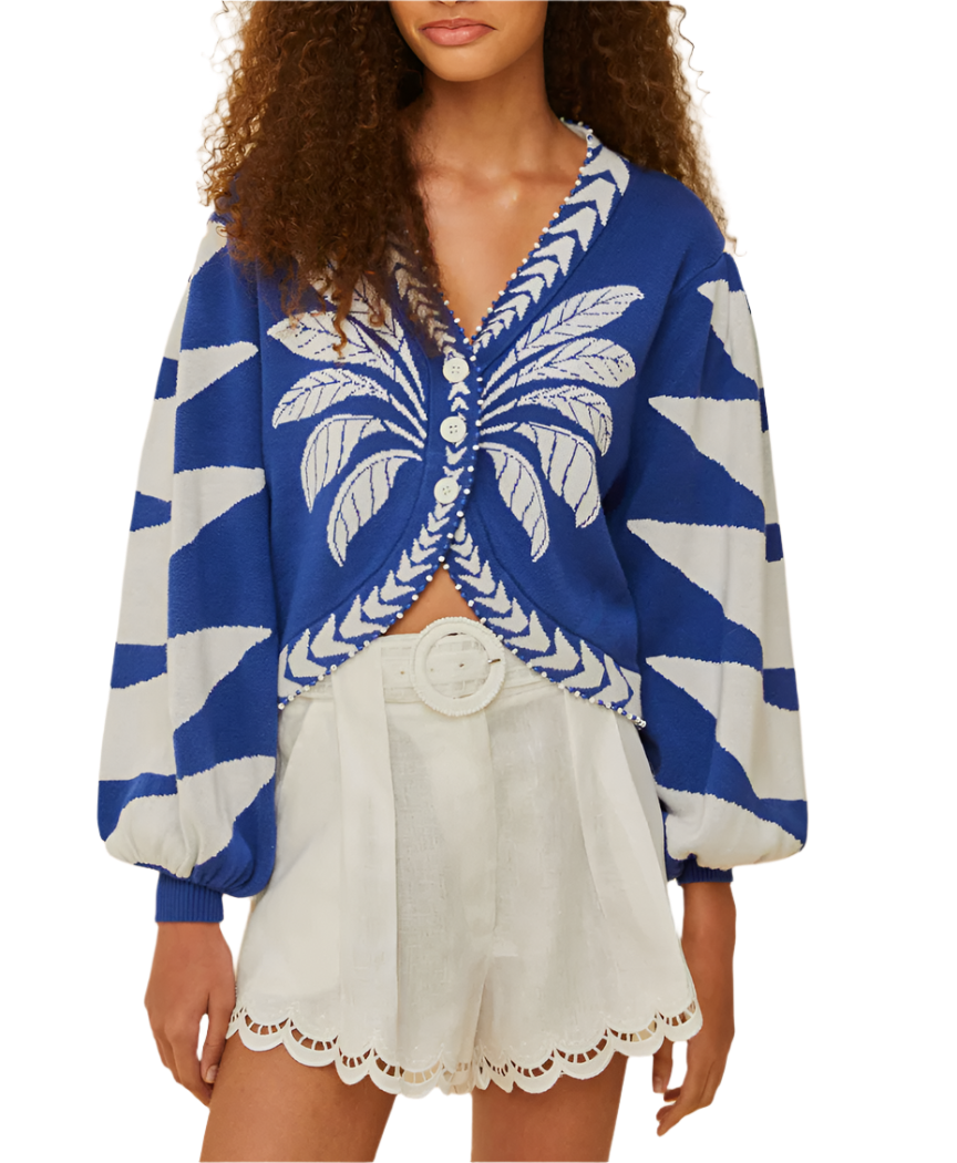 GRAPHIC KNIT CARDIGAN - BLUE PALMS