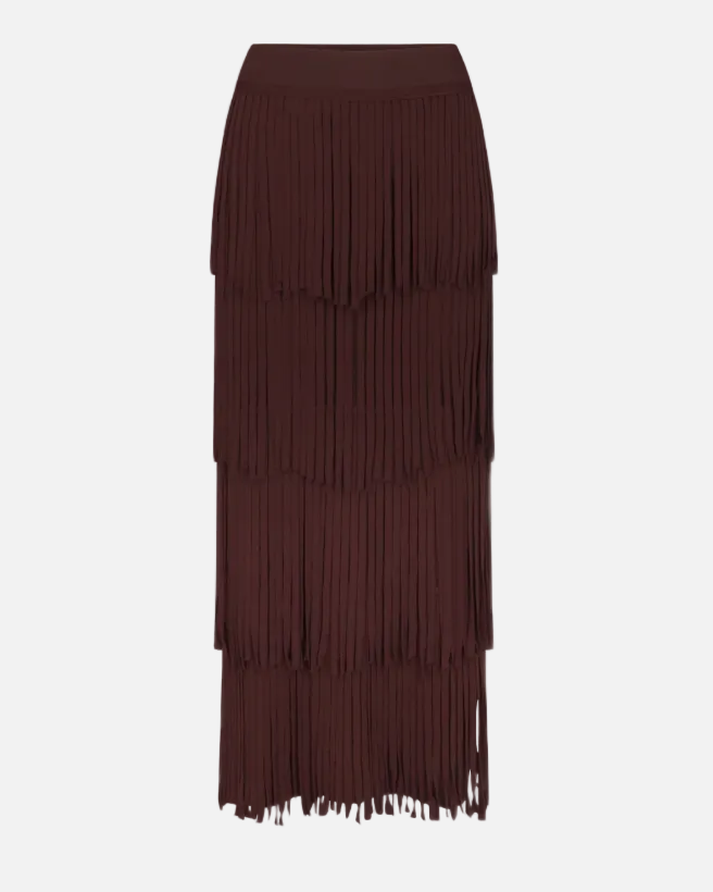 ZA ZA KNIT FRINGE SKIRT - CHOCO BROWN