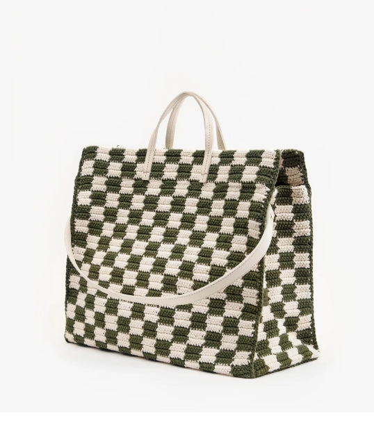 SUMMER SIMPLE TOTE - OLIVE/CREAM CROCHET CHECKER
