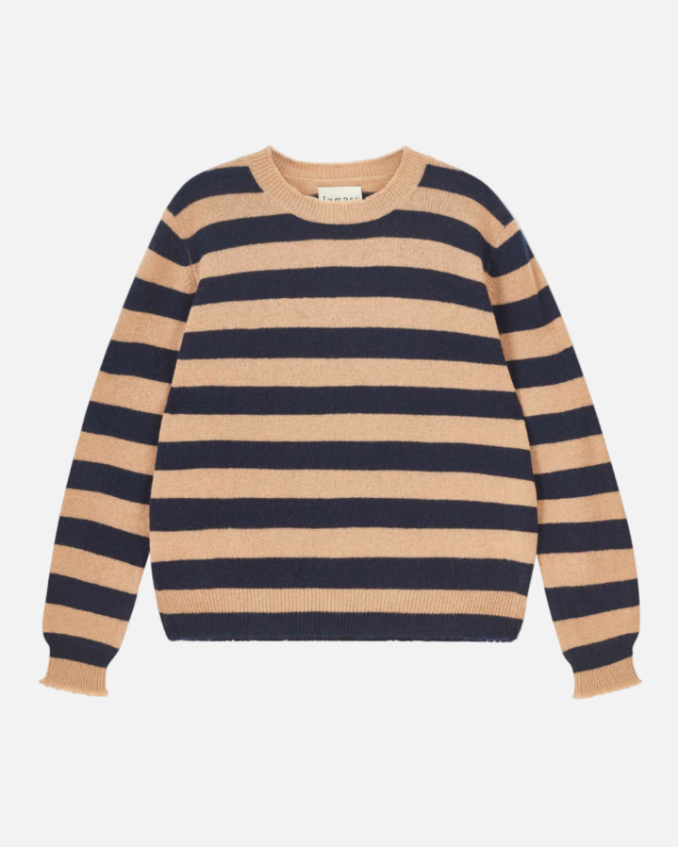 STRIPE DISTRESSED CREW-SANDSTONE/NEW NAVY