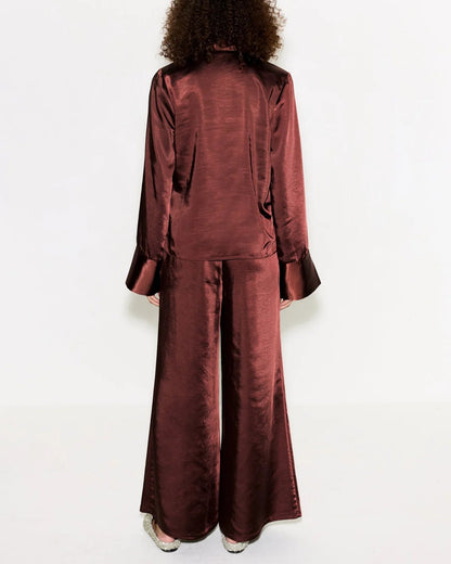 NELLA SATIN WIDE LEG PANT - CHOCO BROWN