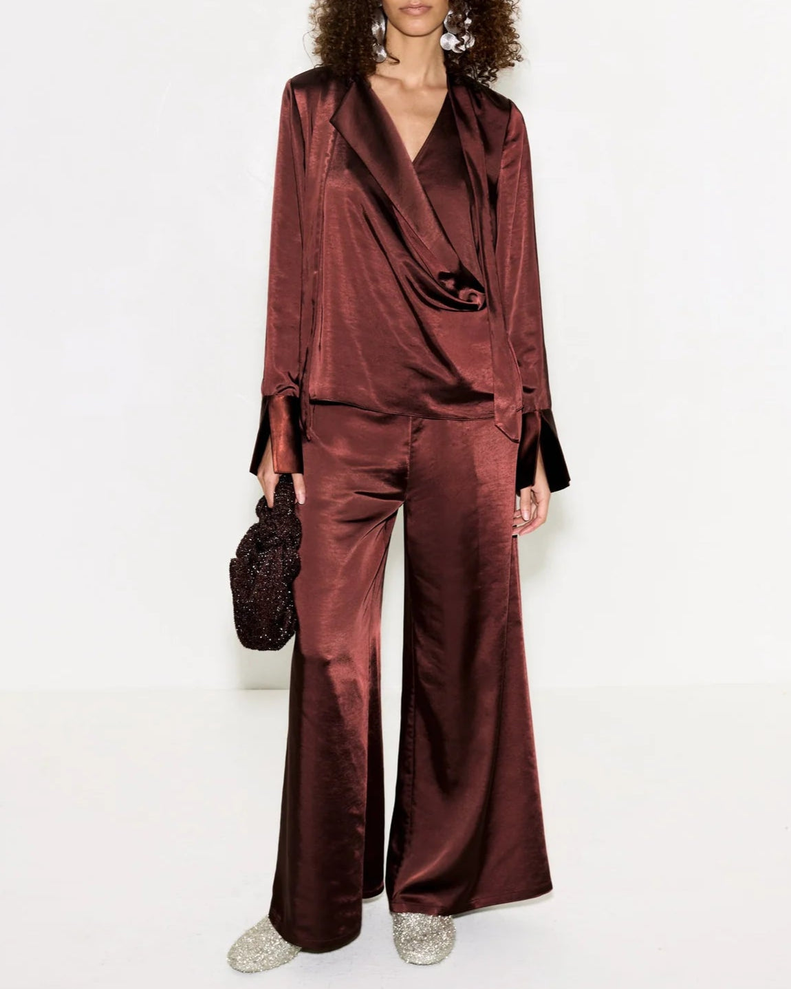 NELLA SATIN WIDE LEG PANT - CHOCO BROWN