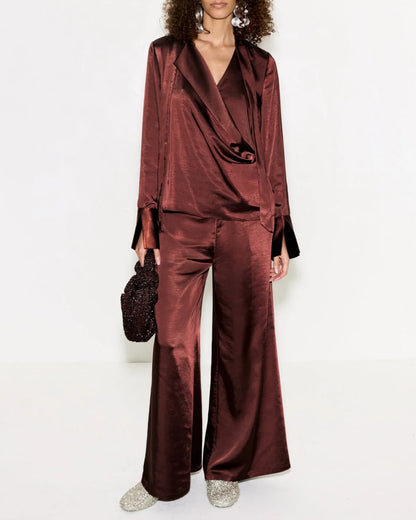 NELLA SATIN WIDE LEG PANT - CHOCO BROWN