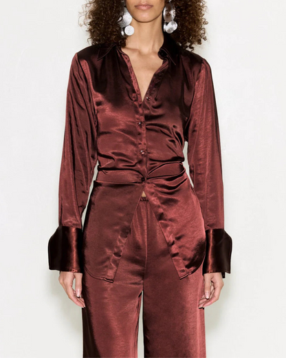 LOCH SATIN BUTTON UP - CHOCO BROWN