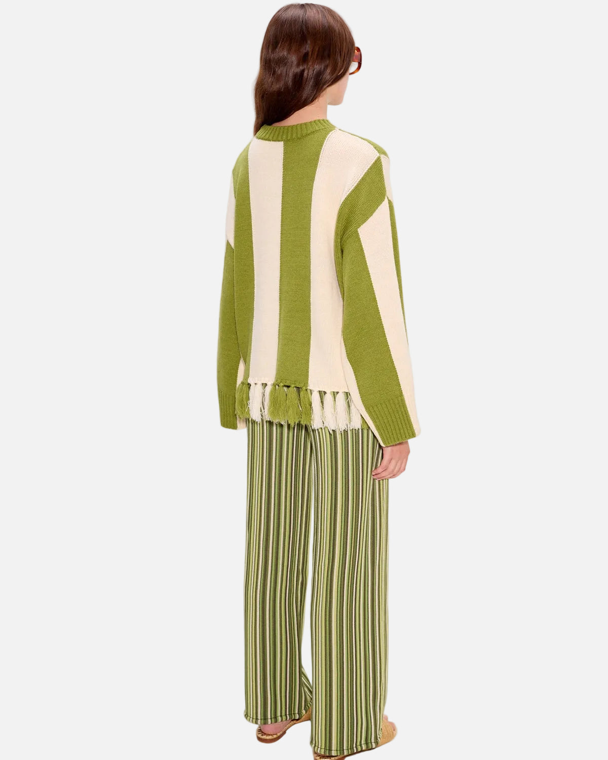 FAYE TASSEL SWEATER - MOSS GREEN/CREAM
