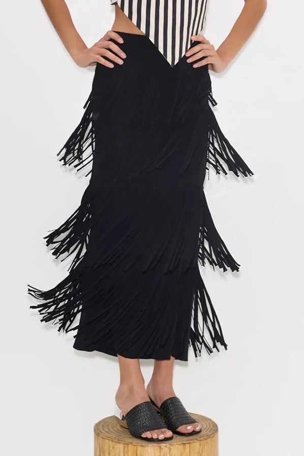 ZA ZA KNIT FRINGE SKIRT - BLACK
