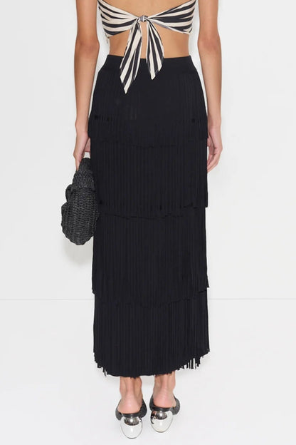 ZA ZA KNIT FRINGE SKIRT - BLACK