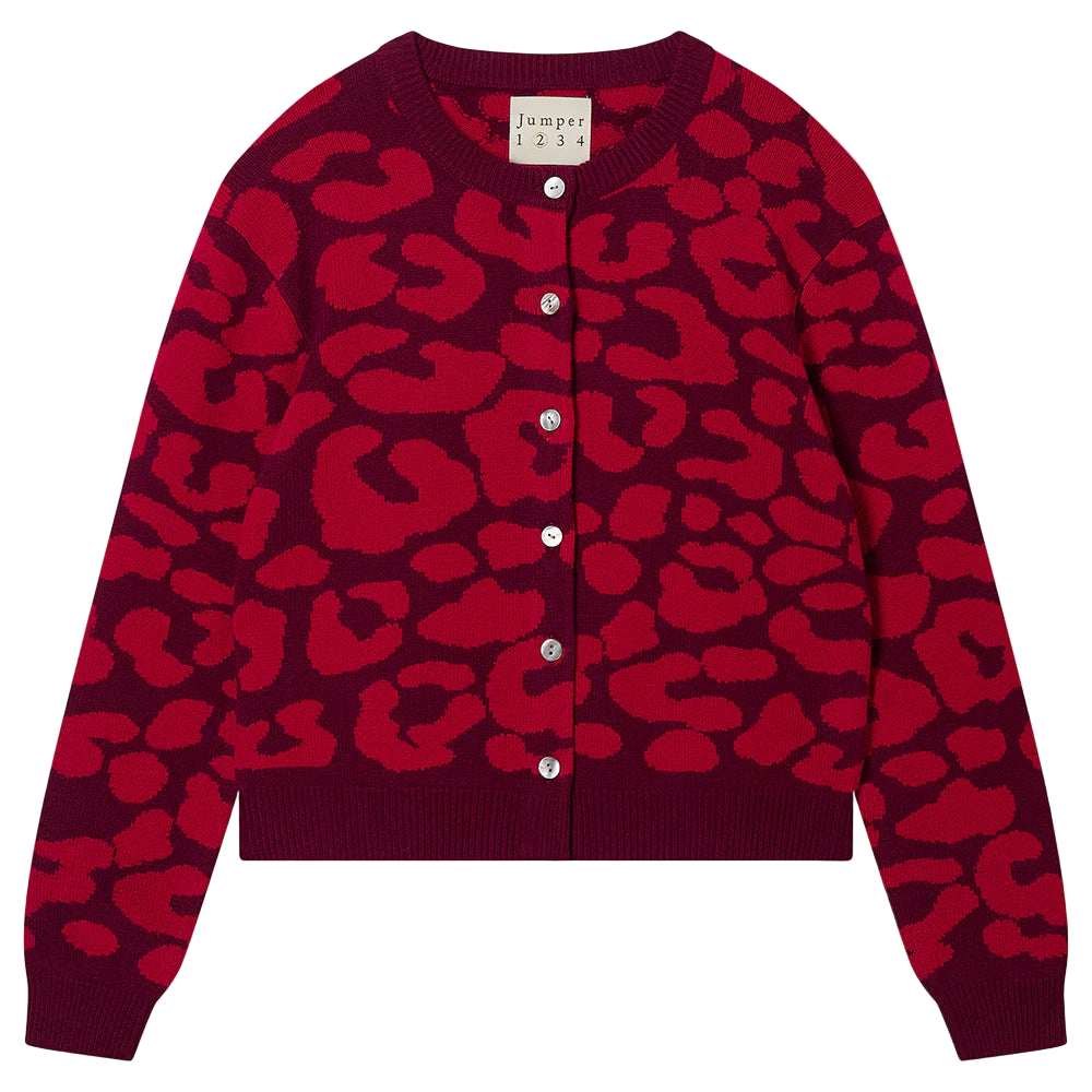 LEOPARD CREW CARDIGAN - BURGUNDY & RED