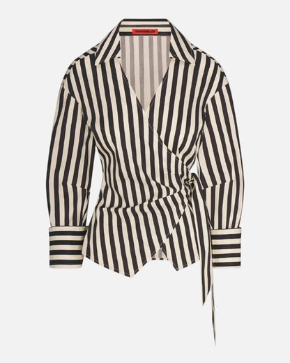 ANYA POPLIN WRAP TOP - BLACK/WHITE STRIPE